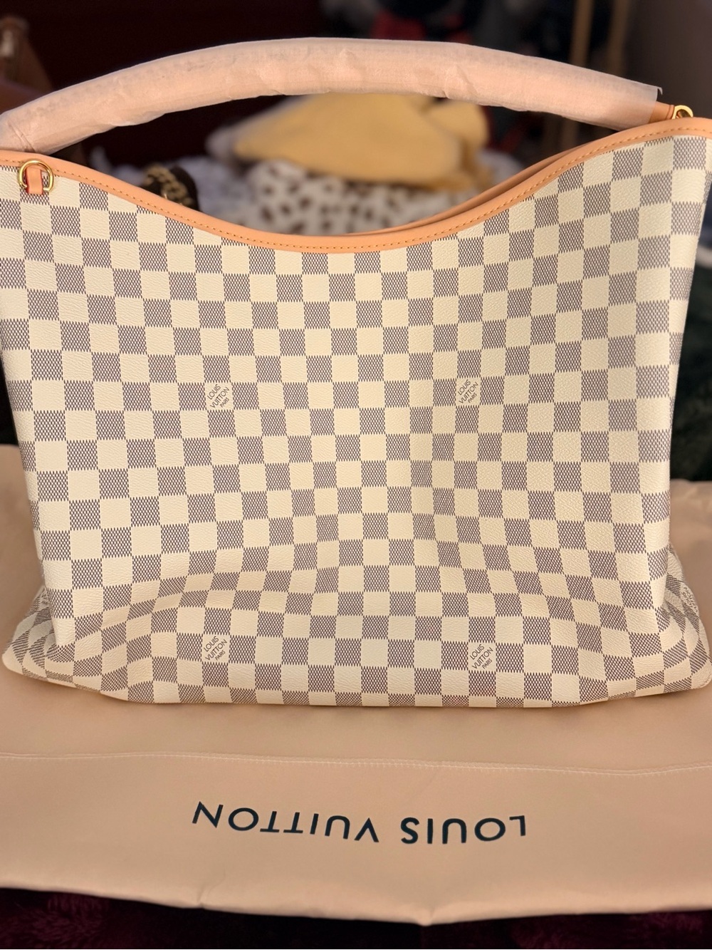 Louis Vuitton Damier Azur Canvas Hobo Bag in White and Tan